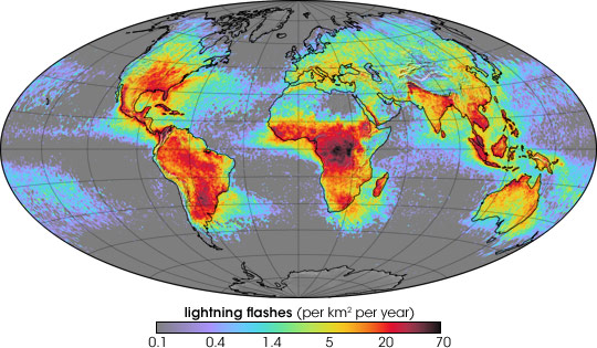 Average yearly counts of lightning flashes per square kilometer based on data collected by NASA satellites between 1995 and 2002
